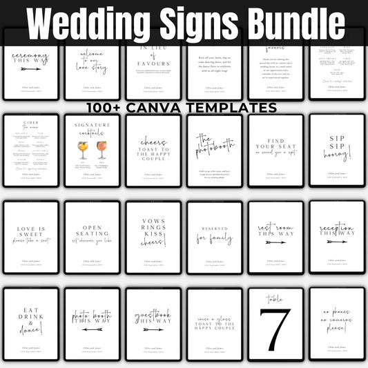 100+ black and white wedding signs Canva templates. www.elevatehervault.com