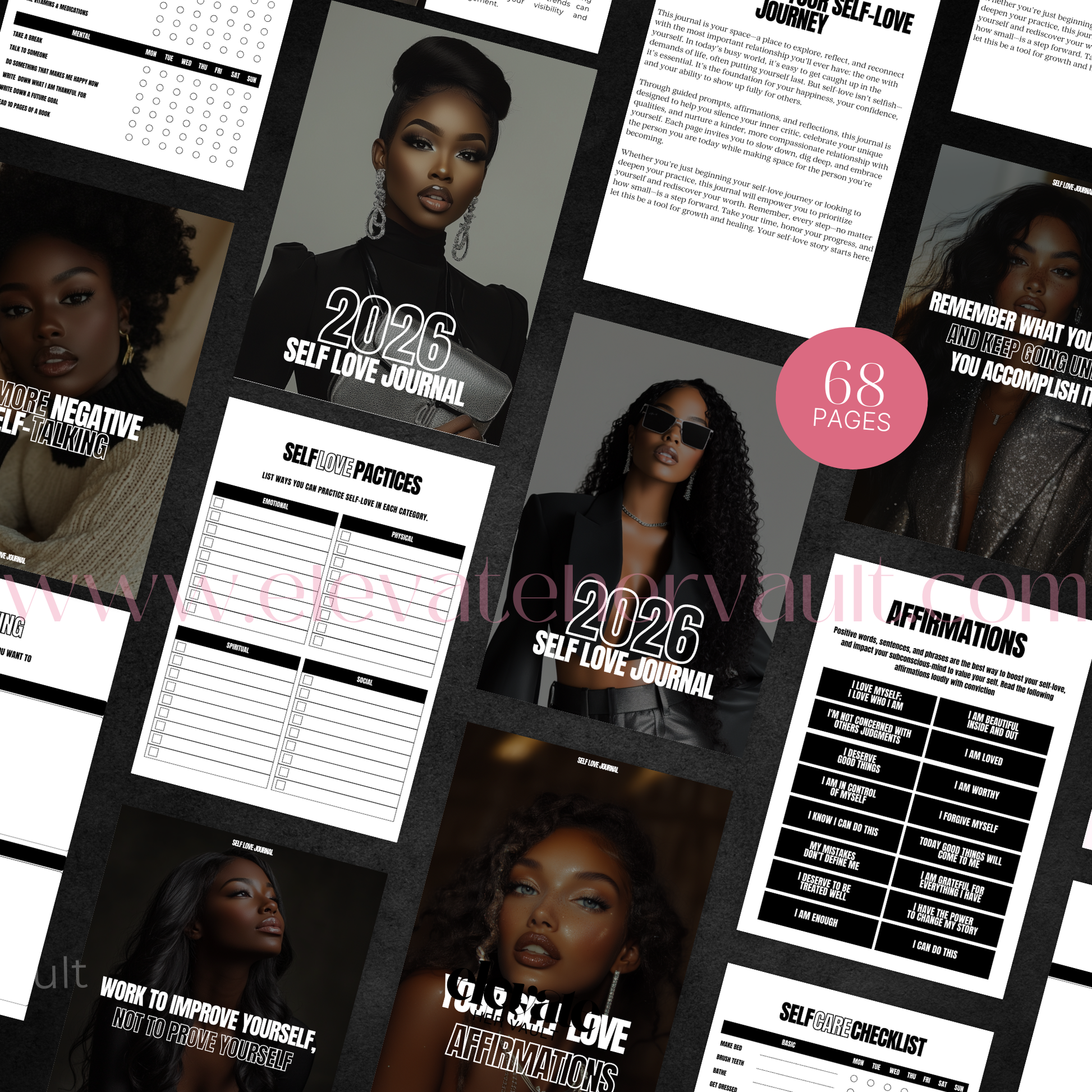 Collage of pages from a '2026 Self Love Journal' with a woman's face and text.