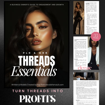 Threads Essentials digital product cover featuring a confident woman, with preview pages showcasing strategies for monetizing faceless content through Threads. www.elevatehervault.com