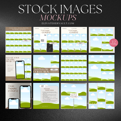 Grid layout preview of stock image mockups for Canva, featuring placeholders for horizontal and vertical photos. www.elevatehervault.com