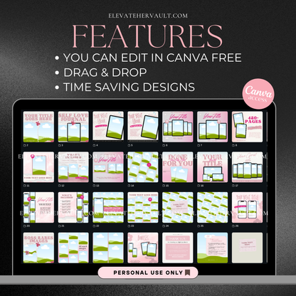 Features mockup image highlighting editable Canva, drag & drop, and time-saving benefits – elevatehervault.com