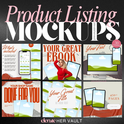 Product Listing Mockups cover image with bold layouts for digital products, eBooks, and course bundles — Canva Pro required. elevatehervault.com