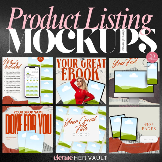 Product Listing Mockups cover image with bold layouts for digital products, eBooks, and course bundles — Canva Pro required. elevatehervault.com