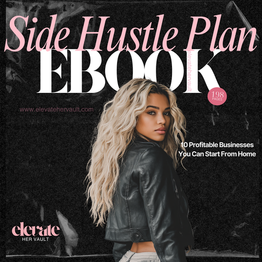 Ebook cover titled 'Side Hustle Plan' with a woman in a leather jacket on a dark background.