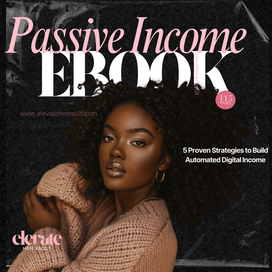 Book cover with a woman and text about passive income strategies www.elevatehervault.com