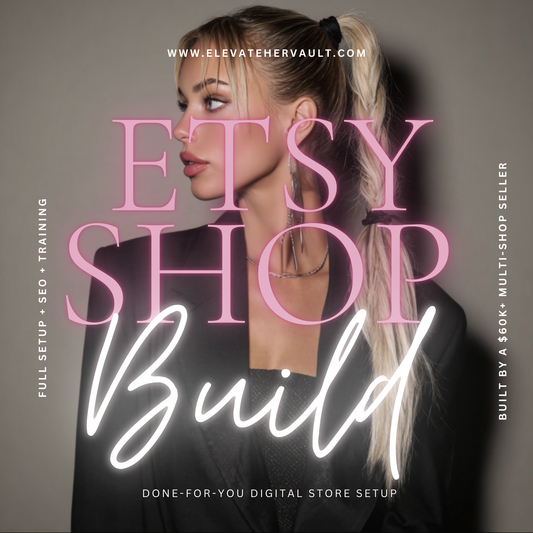 Promotional graphic for Etsy shop building services with a woman's face and text overlay. www.elevatehervault.com