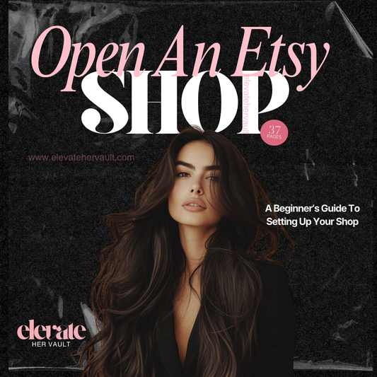 Cover Image (Pink Title Design): “Open an Etsy Shop eBook cover – beginner’s guide to setting up your Etsy shop by Elevate Her Vault.”