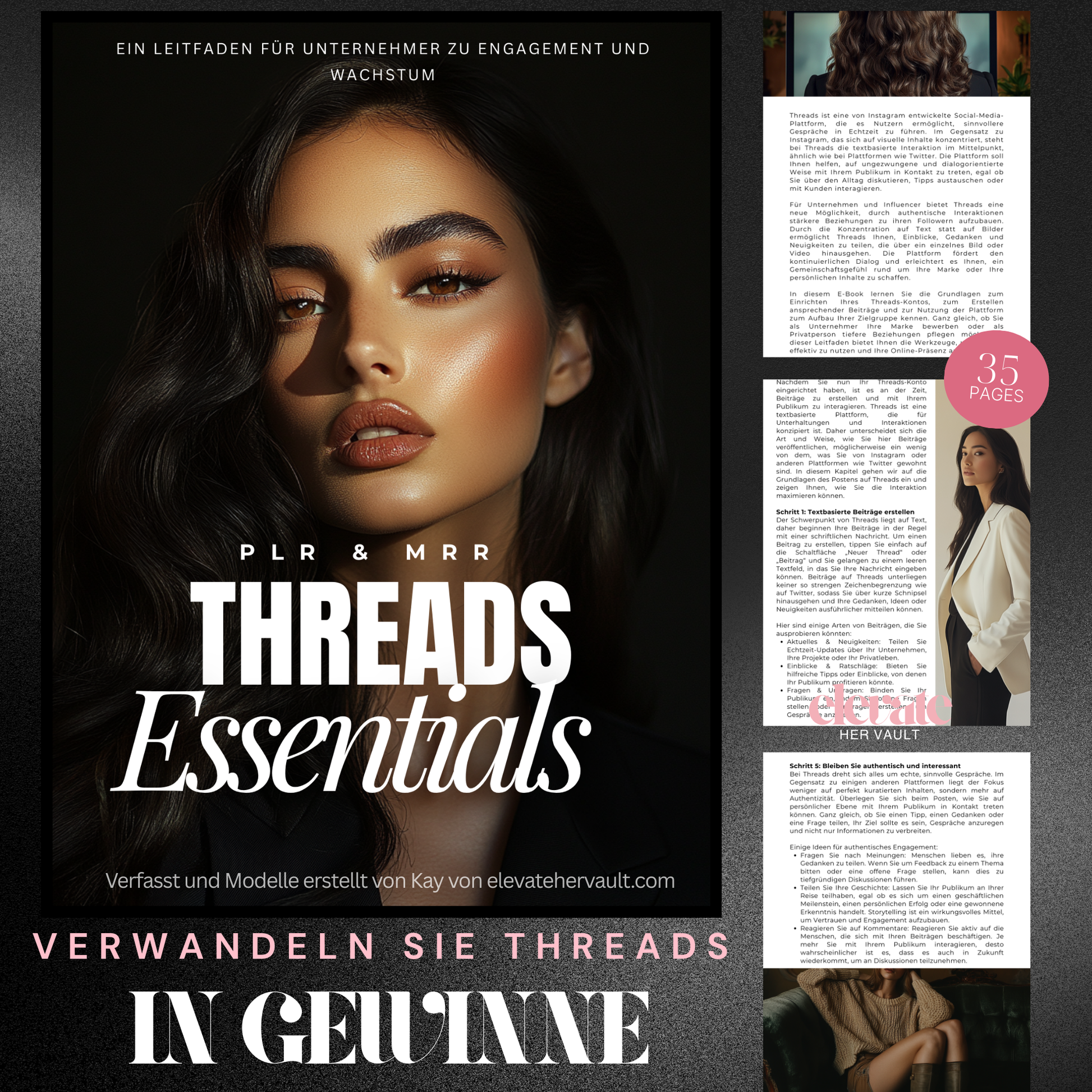 Promotional material for 'Threads Essentials' with a woman's face and text on a dark background www.elevatehervault.com