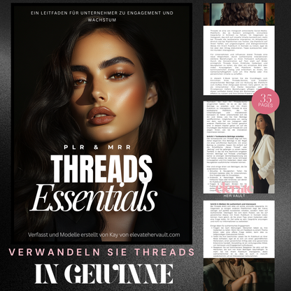 Promotional material for 'Threads Essentials' with a woman's face and text on a dark background www.elevatehervault.com
