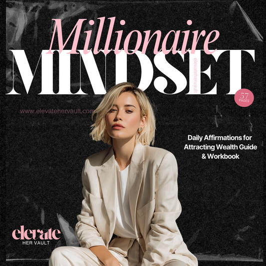 Book cover of 'Millionaire Mindset' with a woman in a white suit against a dark background. www.elevatehervault.com