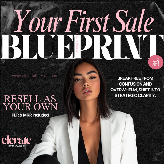 Book cover titled 'Your First Sale Blueprint' with a woman in a white blazer against a black background.