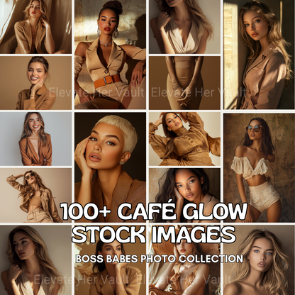 Main promotional image showcasing multiple AI-generated women in tan and coffee-toned outfits from the Café Glow Boss Babes stock bundle. www.elevatehervault.com