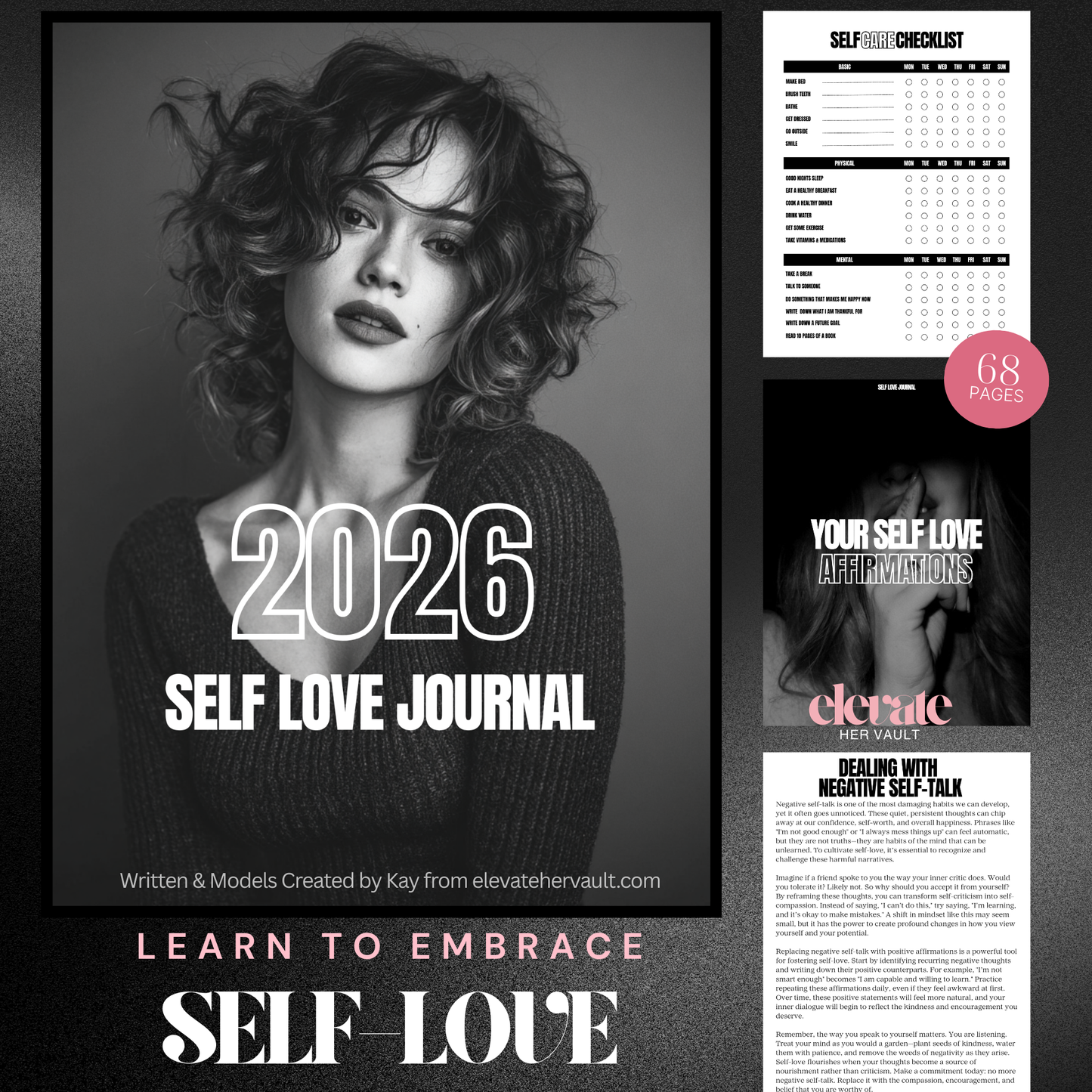 2026 Self Love Journal cover with a woman's face and text on a dark background
