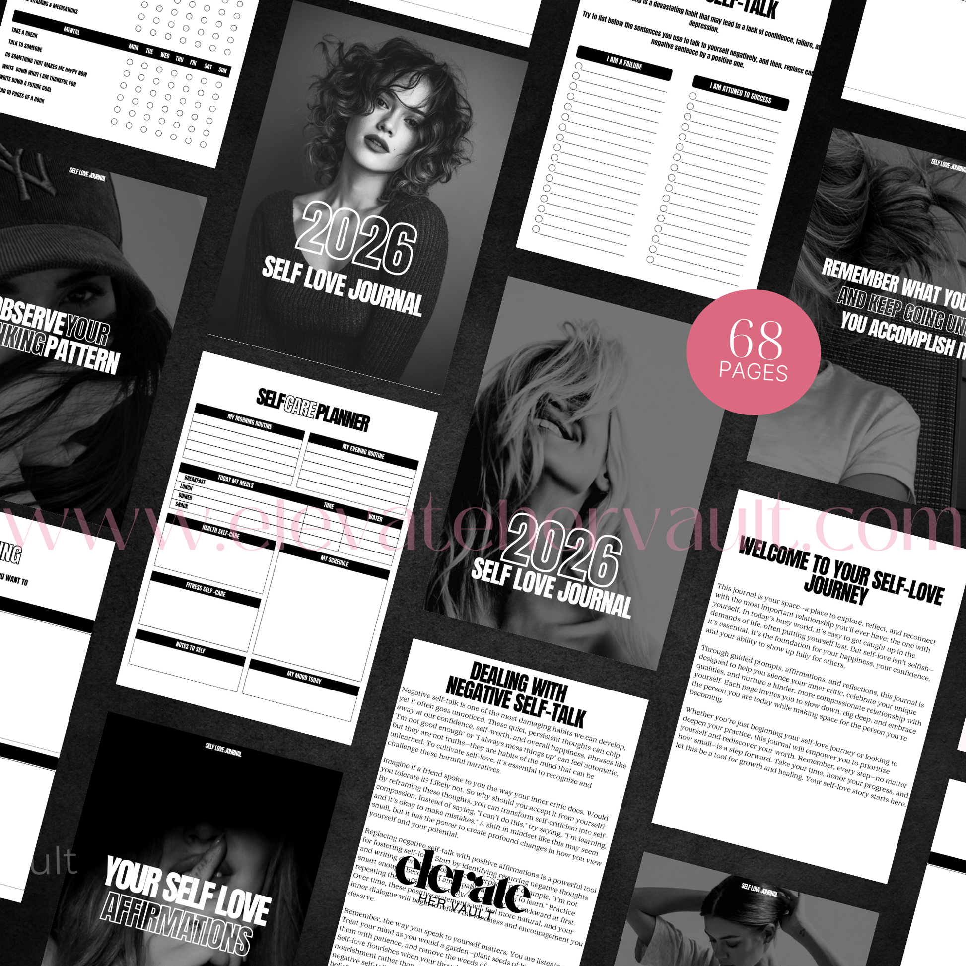 Collage of self-love journal pages with text and images on a black background