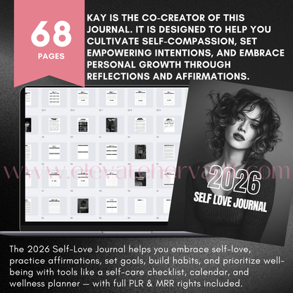 2026 Self-Love Journal with a woman's face and text about self-compassion and personal growth.