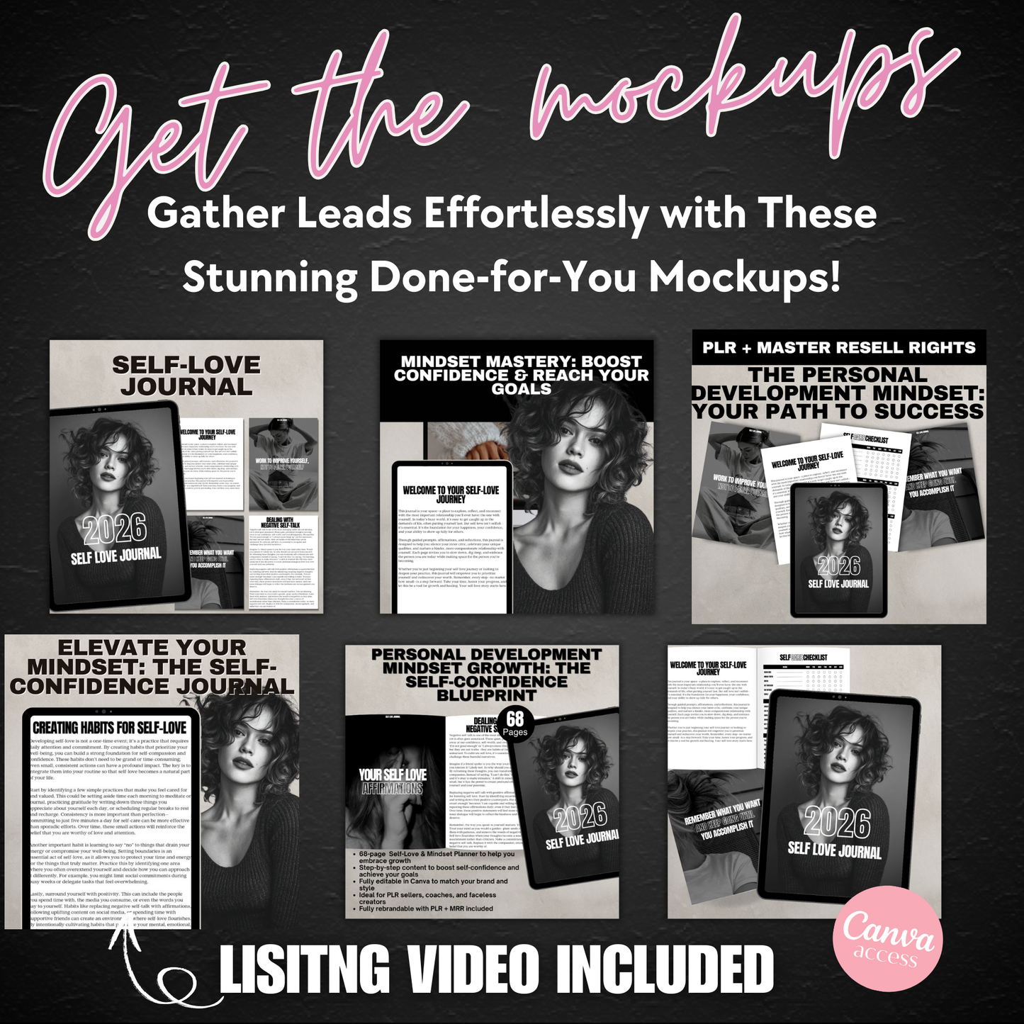 Promotional graphic for self-help product mockups with text on a dark background