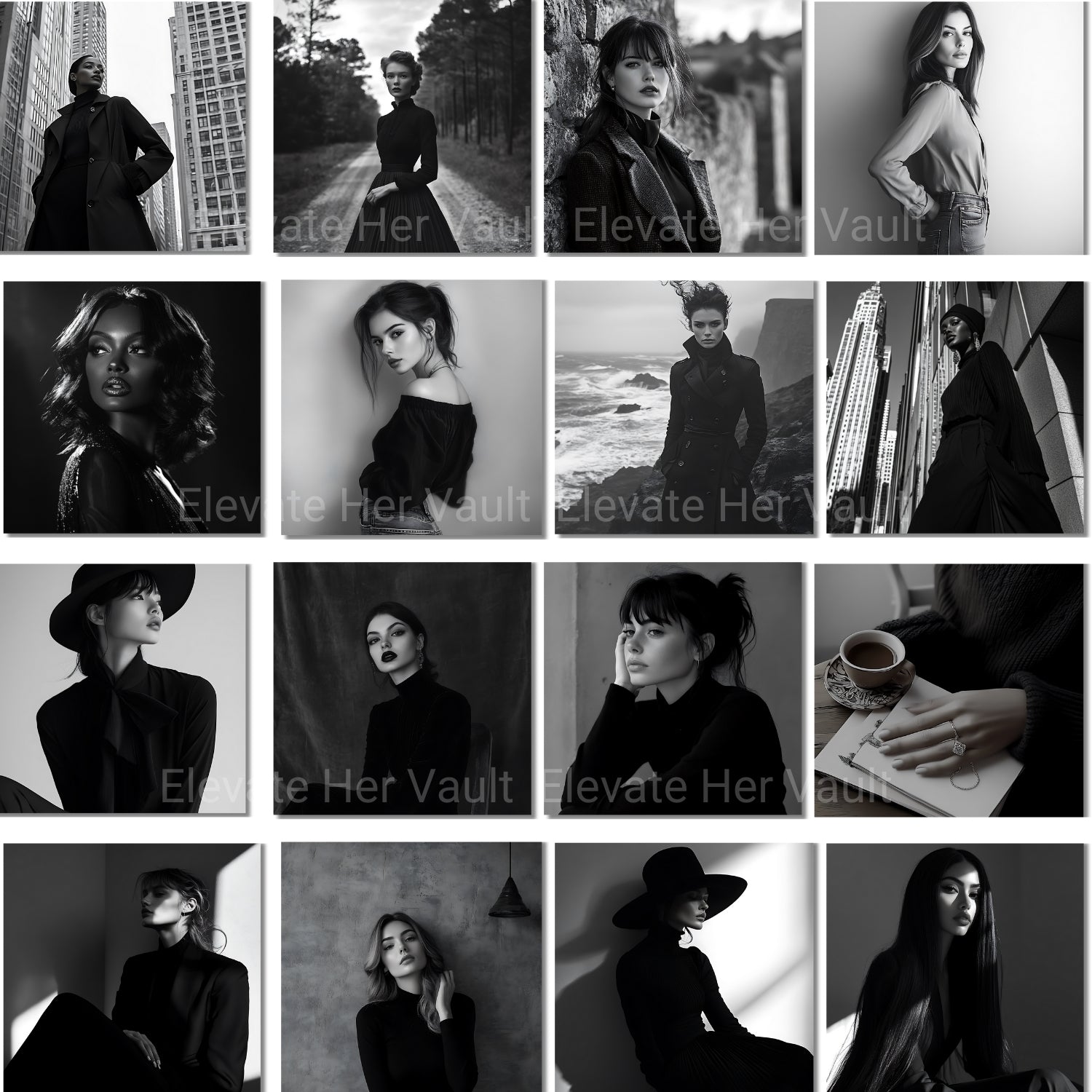 Collage of black and white portraits of a woman in various settings.