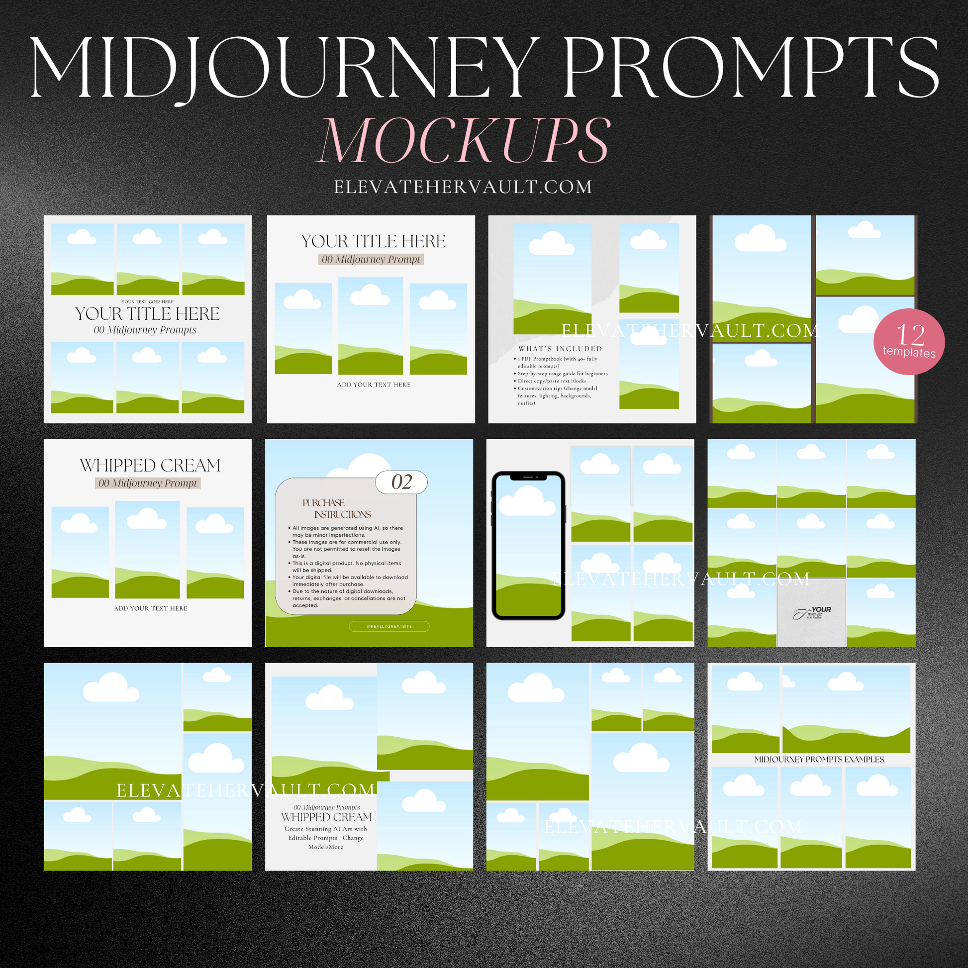 Full preview of 12 editable Midjourney mockup templates shown in Canva – www.elevatehervault.com