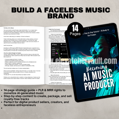 Ebook titled 'Becoming AI Music Producer' with a woman's face on the cover, displayed on a tablet.