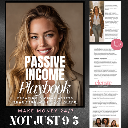 Promotional graphic for 'Passive Income Playbook' with a woman's face and text about creating digital assets. www.elevatehervault.com