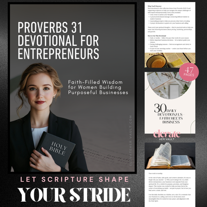 Page preview showcasing the Proverbs 31 Devotional interior with highlighted text and a professional businesswoman. www.elevatehervault.com