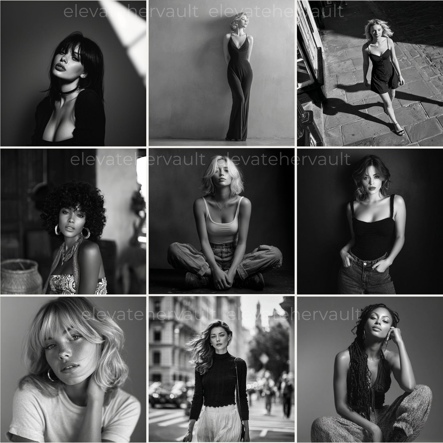 Editorial collage of B&W portraits with soft studio lighting — www.elevatehervault.com