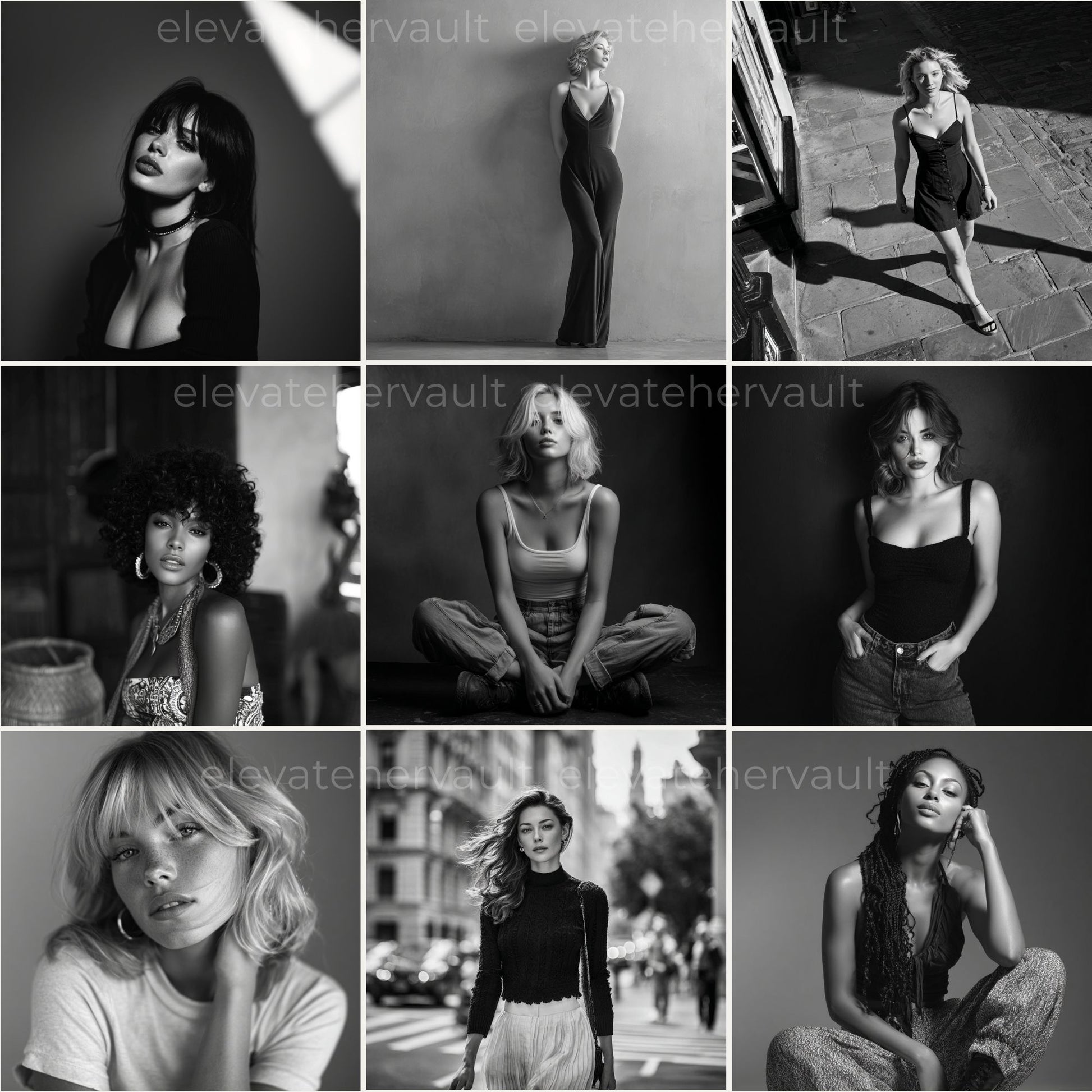 Editorial collage of B&W portraits with soft studio lighting — www.elevatehervault.com