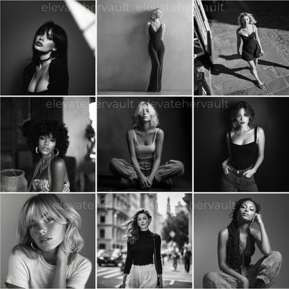 Editorial collage of B&W portraits with soft studio lighting — www.elevatehervault.com