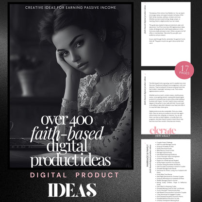 Inside preview of the PLR ebook showcasing multiple faith-based digital product idea pages and editable Canva format – elevatehervault.com
