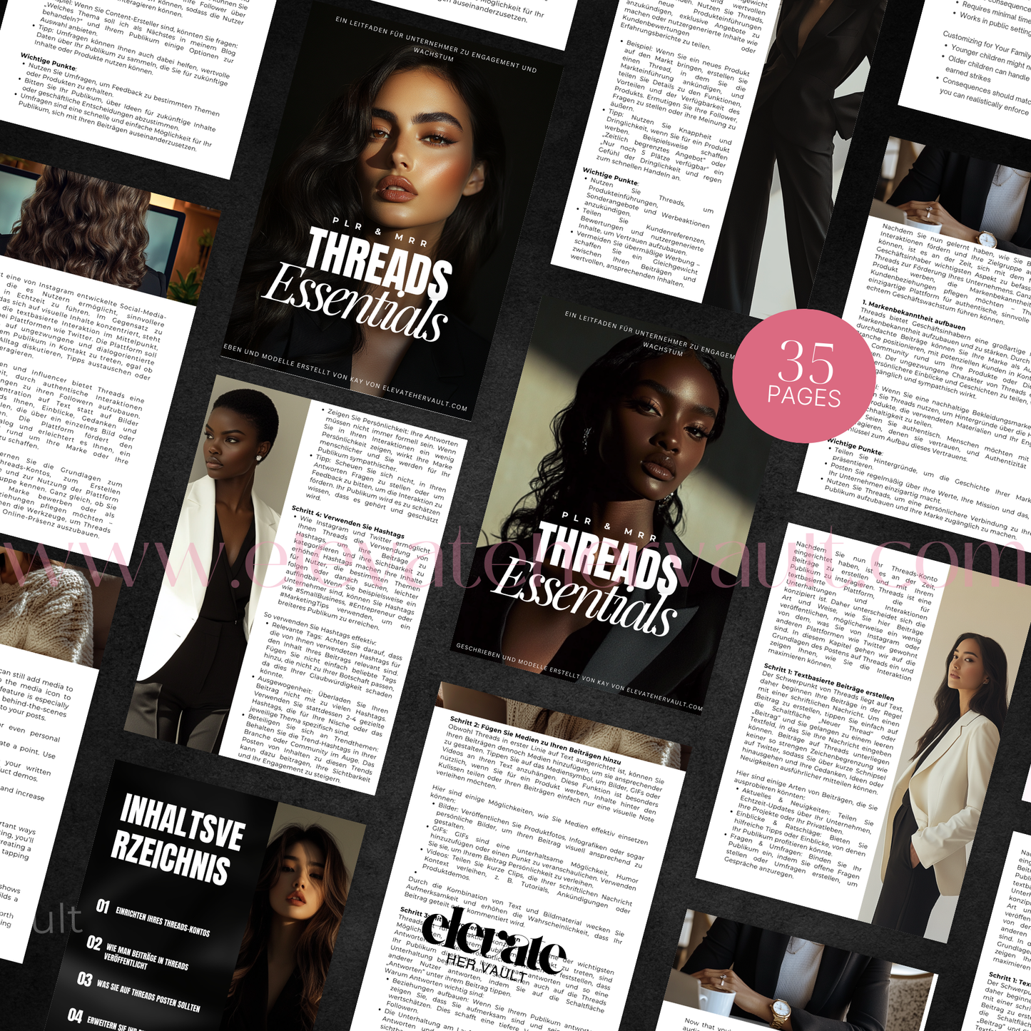Collage of 'Threads Essentials' magazine pages with text and images. www.elevatehervault.com