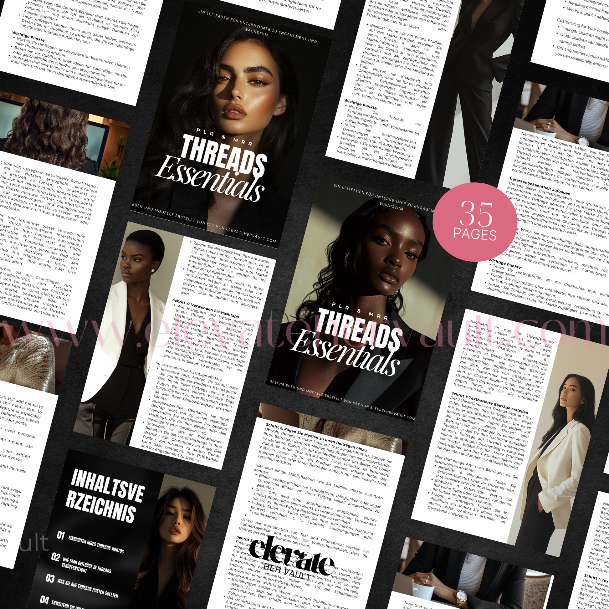 Collage of 'Threads Essentials' magazine pages with text and images. www.elevatehervault.com
