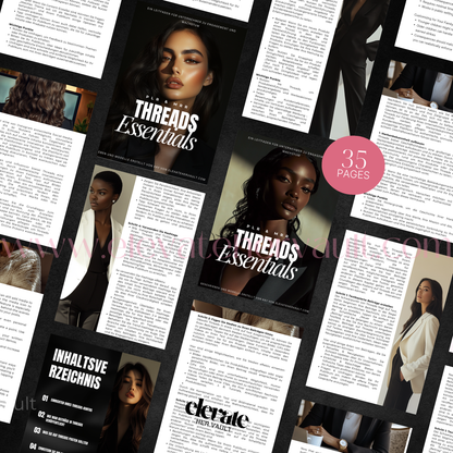 Collage of 'Threads Essentials' magazine pages with text and images. www.elevatehervault.com