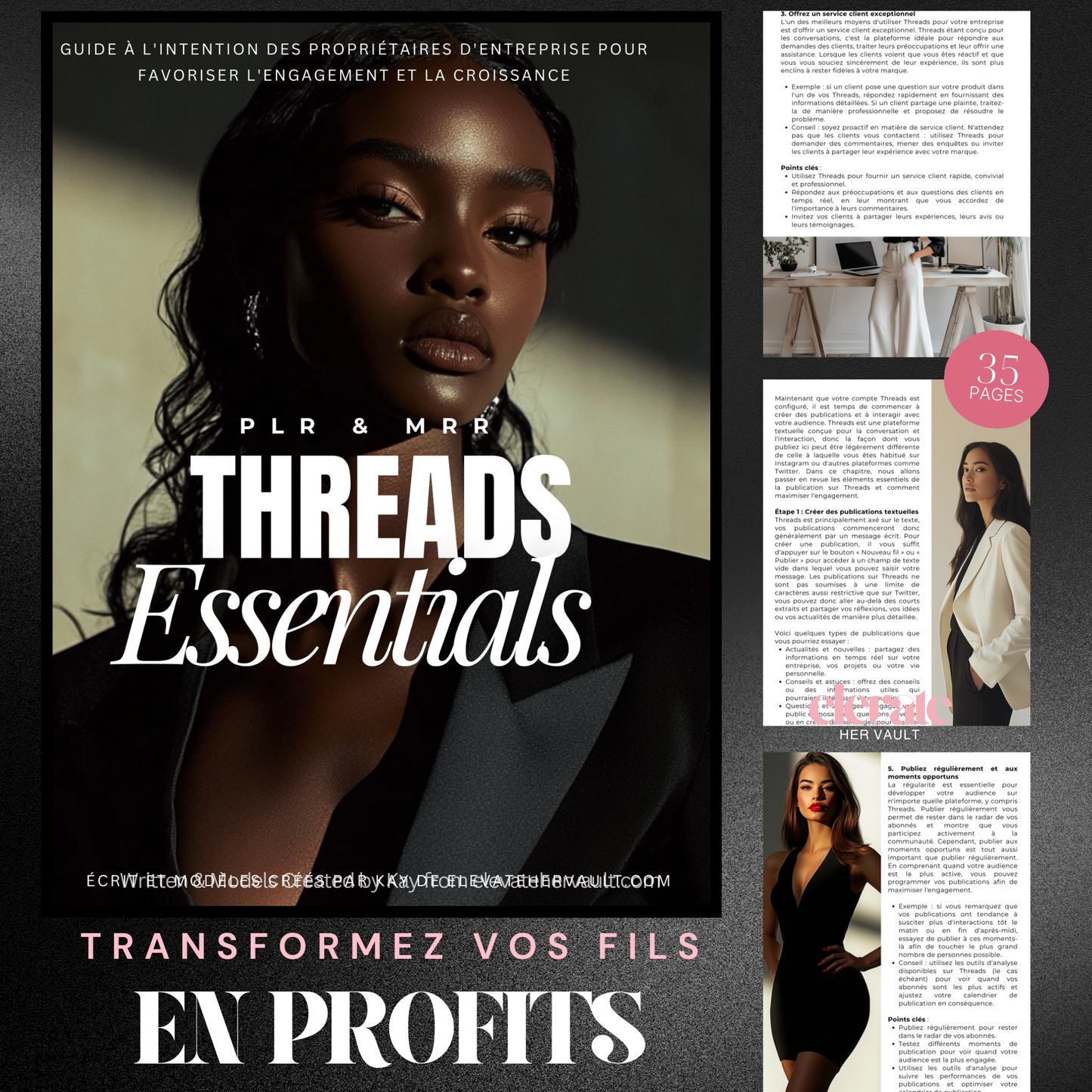 Promotional material for 'Threads Essentials' with a woman's face and text on a dark background