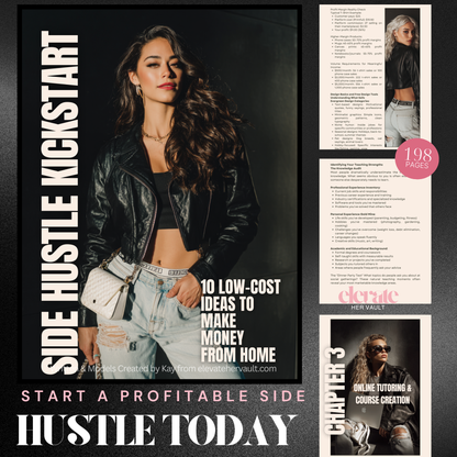 Promotional material for 'Side Hustle Kickstart' with a woman in a black leather jacket and jeans, text about low-cost ideas to make money from home.