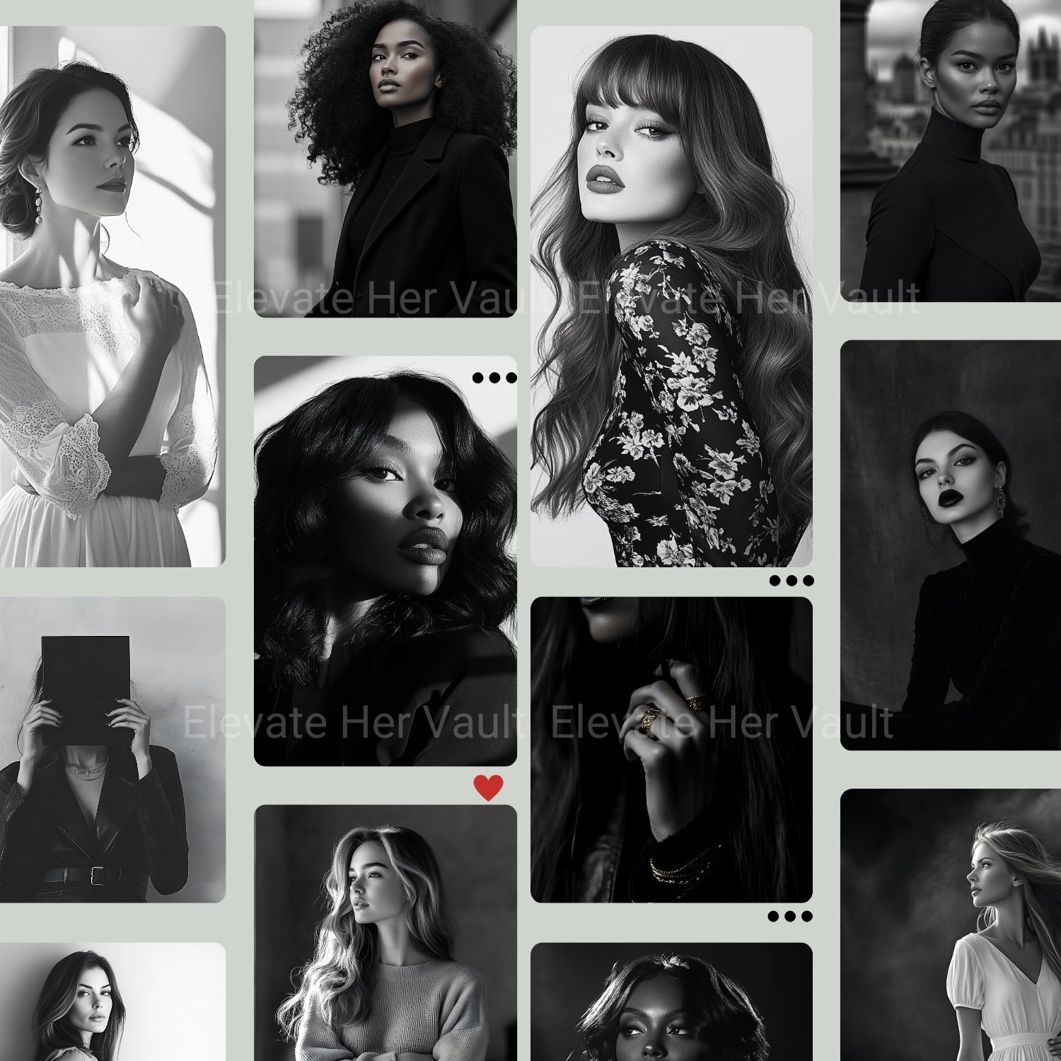 Editorial collage of B&W portraits with soft studio lighting — www.elevatehervault.com