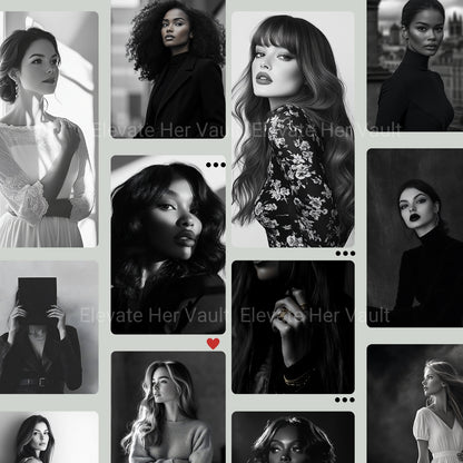 Editorial collage of B&W portraits with soft studio lighting — www.elevatehervault.com