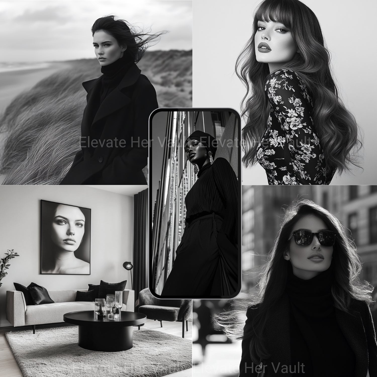 Collage of a woman in various settings with 'Her Vault' branding. “Lifestyle and fashion montage with phone and wall art mockups — www.elevatehervault.com”