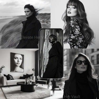 Collage of a woman in various settings with 'Her Vault' branding. “Lifestyle and fashion montage with phone and wall art mockups — www.elevatehervault.com”