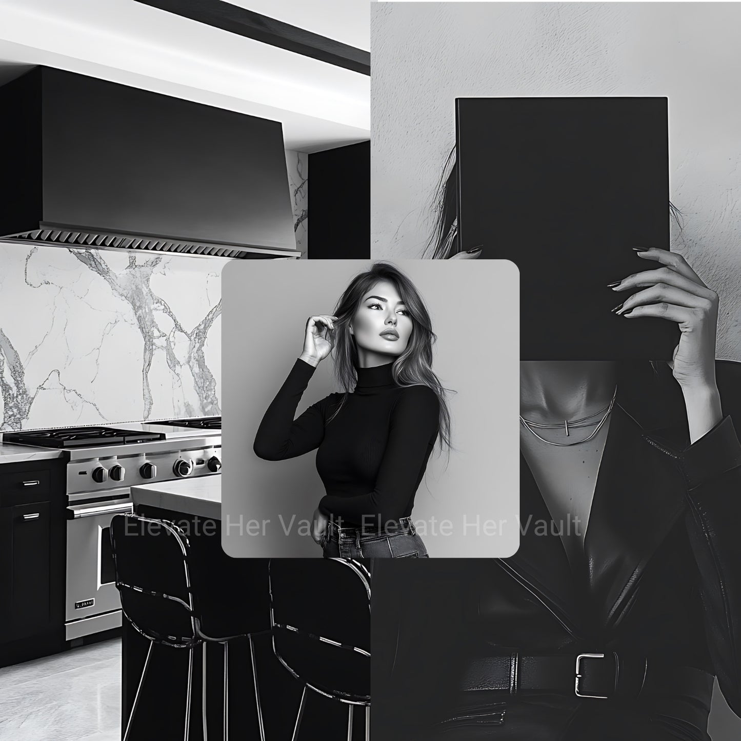 Collage of a modern kitchen with a woman in a black outfit. www.elevatehervault.com