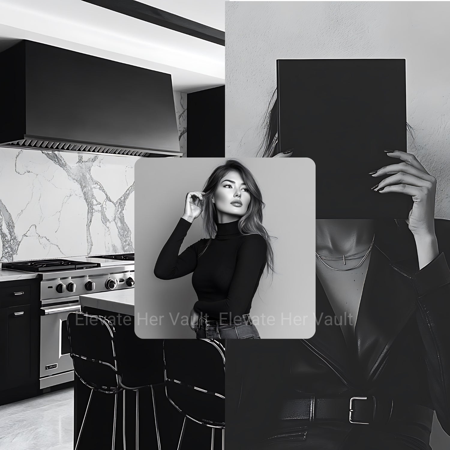 Collage of a modern kitchen with a woman in a black outfit. www.elevatehervault.com