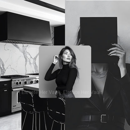 Collage of a modern kitchen with a woman in a black outfit. www.elevatehervault.com
