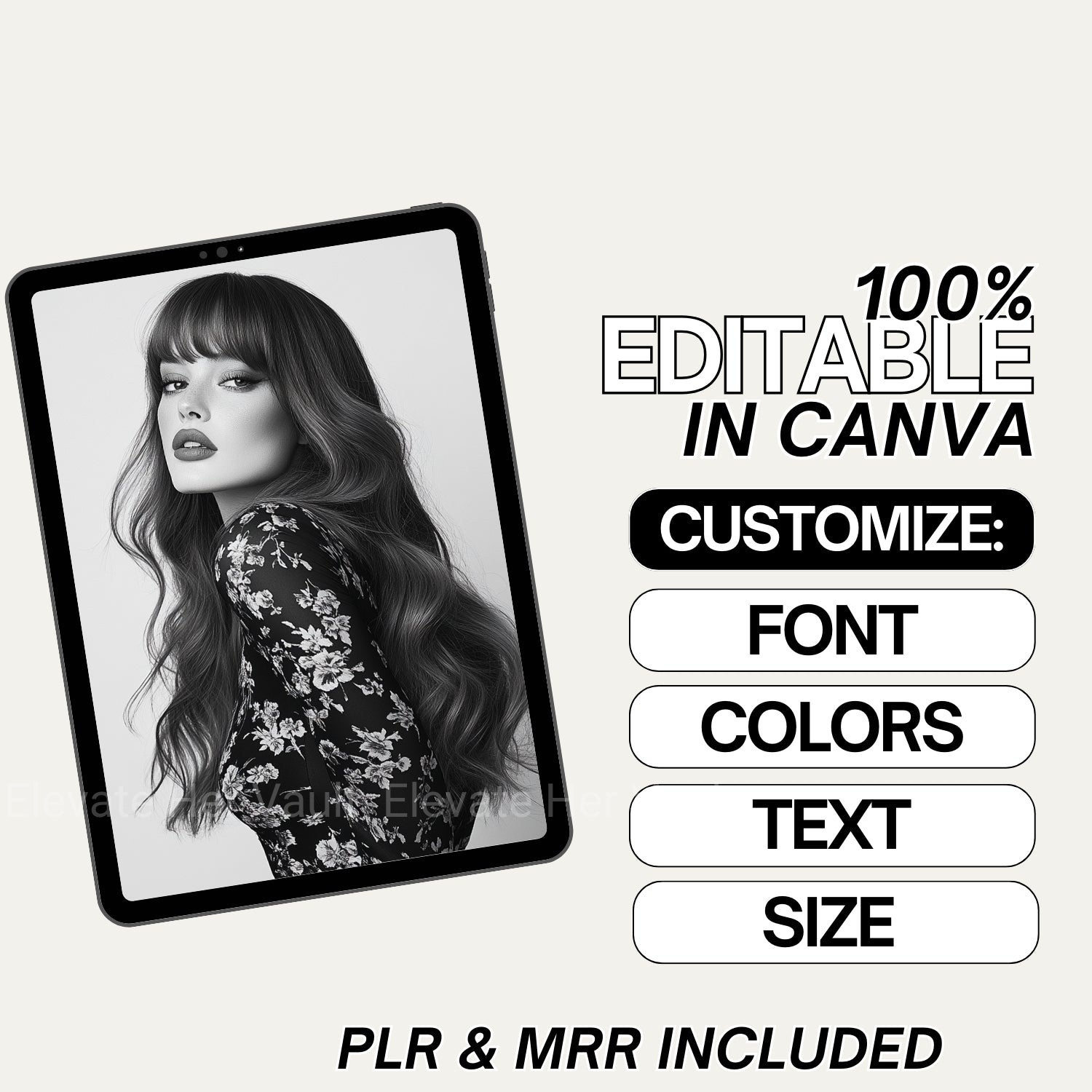 Black and white portrait of a woman on a tablet with text about Canva editing options.