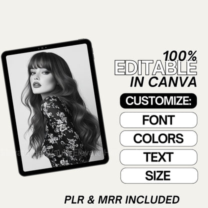 Black and white portrait of a woman on a tablet with text about Canva editing options.