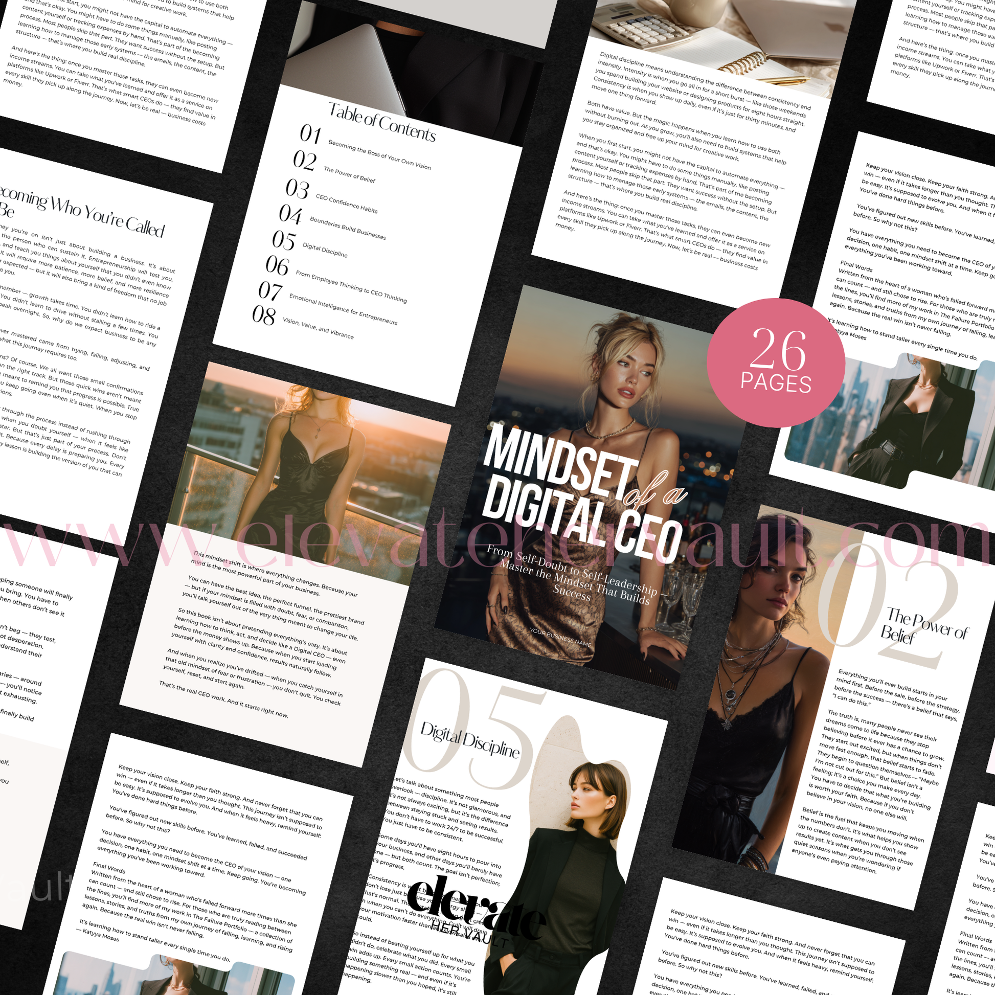 Collage of magazine pages with text and images, featuring a pink circle with '26 Pages' text.