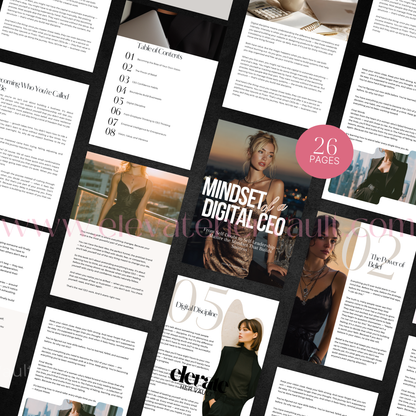 Collage of magazine pages with text and images, featuring a pink circle with '26 Pages' text.