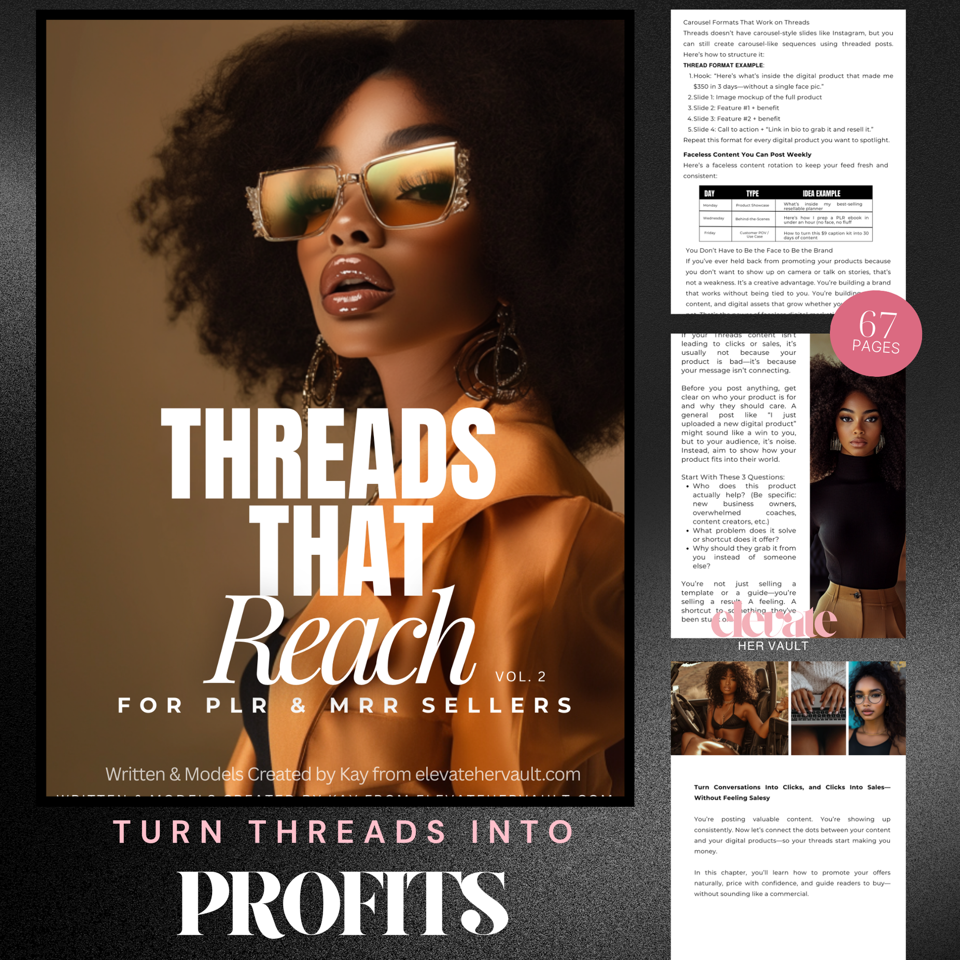 Promotional graphic for 'Threads That Reach' book with a woman wearing sunglasses and text about PLR and MRR sellers. https://elevatehervault.com