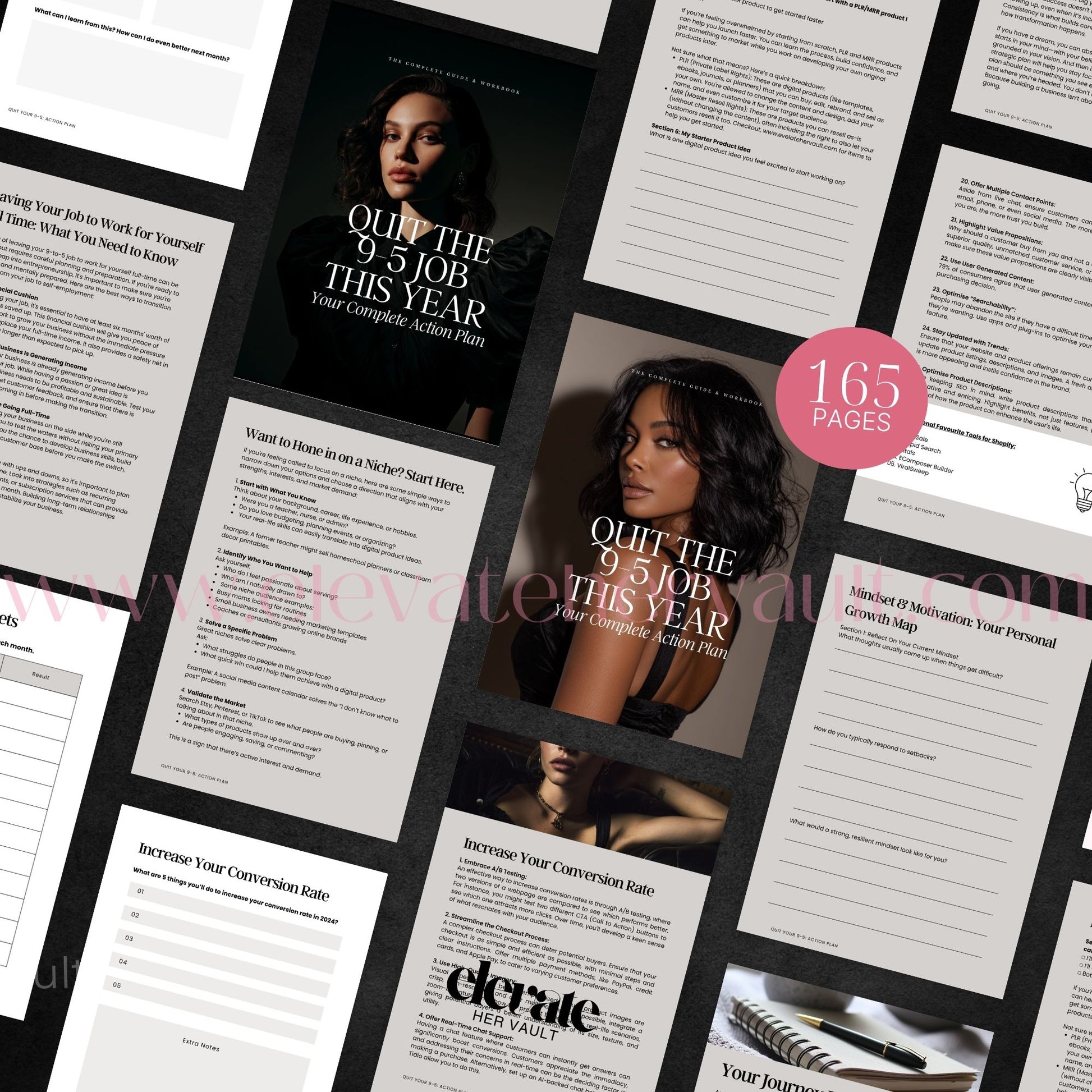 Guide Preview Pages – Inside look at workbook pages with strategies, worksheets, and digital marketing blueprints. www.elevatehervault.com