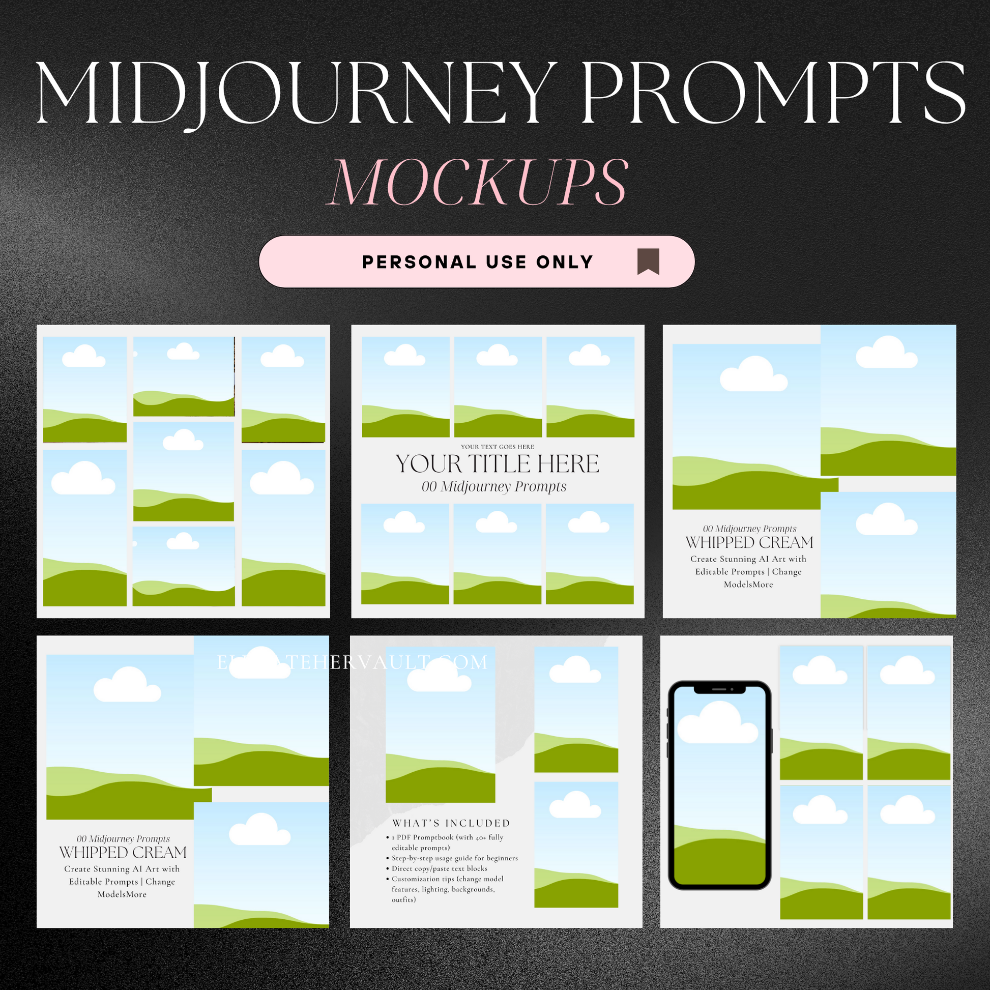 Display of Midjourney mockup features with mobile view and drag-and-drop layout – www.elevatehervault.com