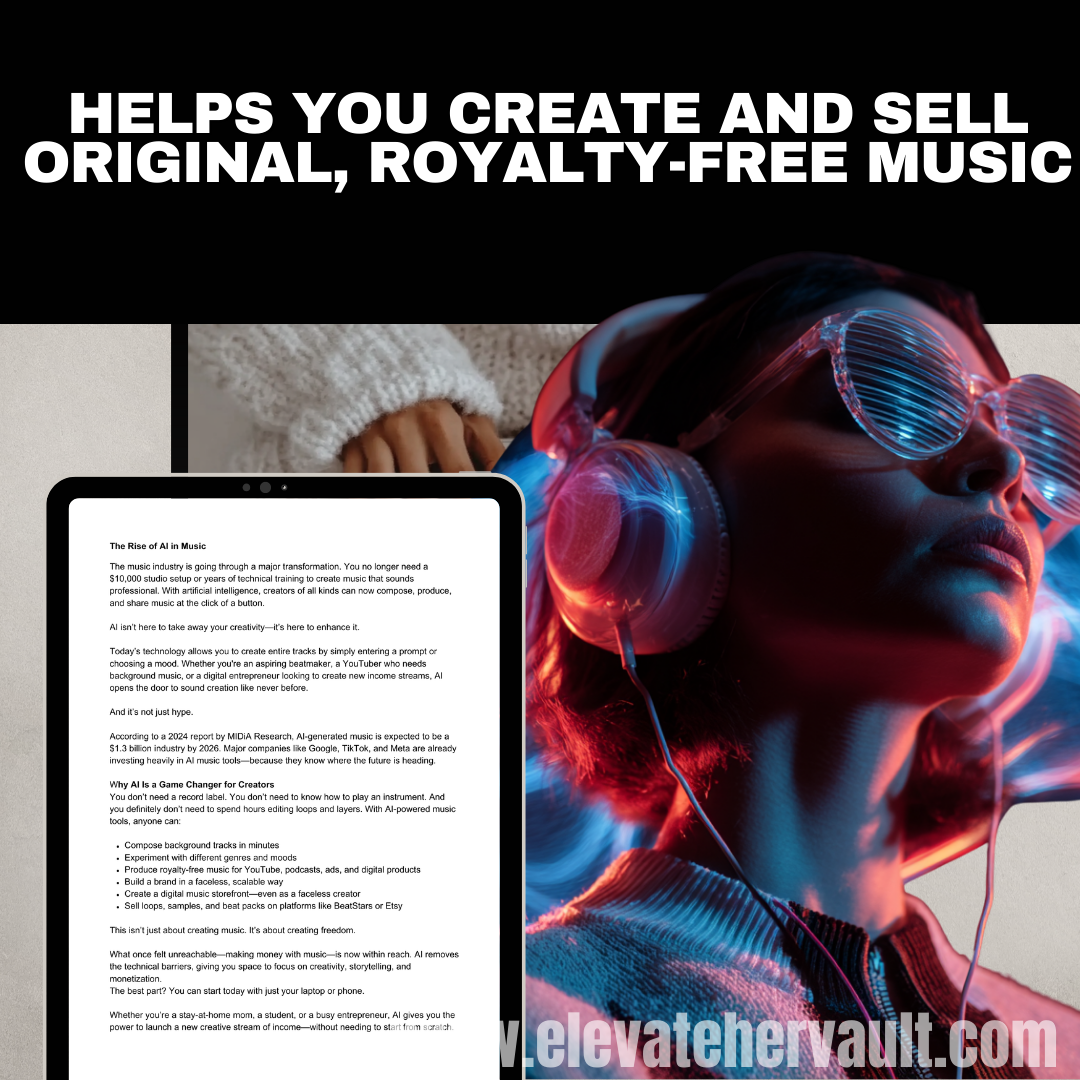 Person wearing headphones with text about creating and selling original, royalty-free music.