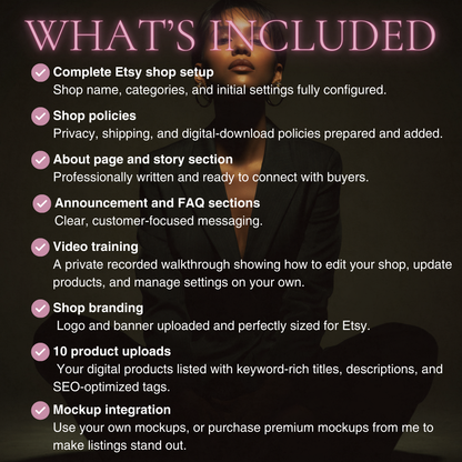 Etsy shop setup package with a woman in the background www.elevatehervault.com